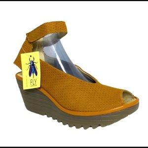 Fly London Marigold Leather Ankle Strap Wedges 37